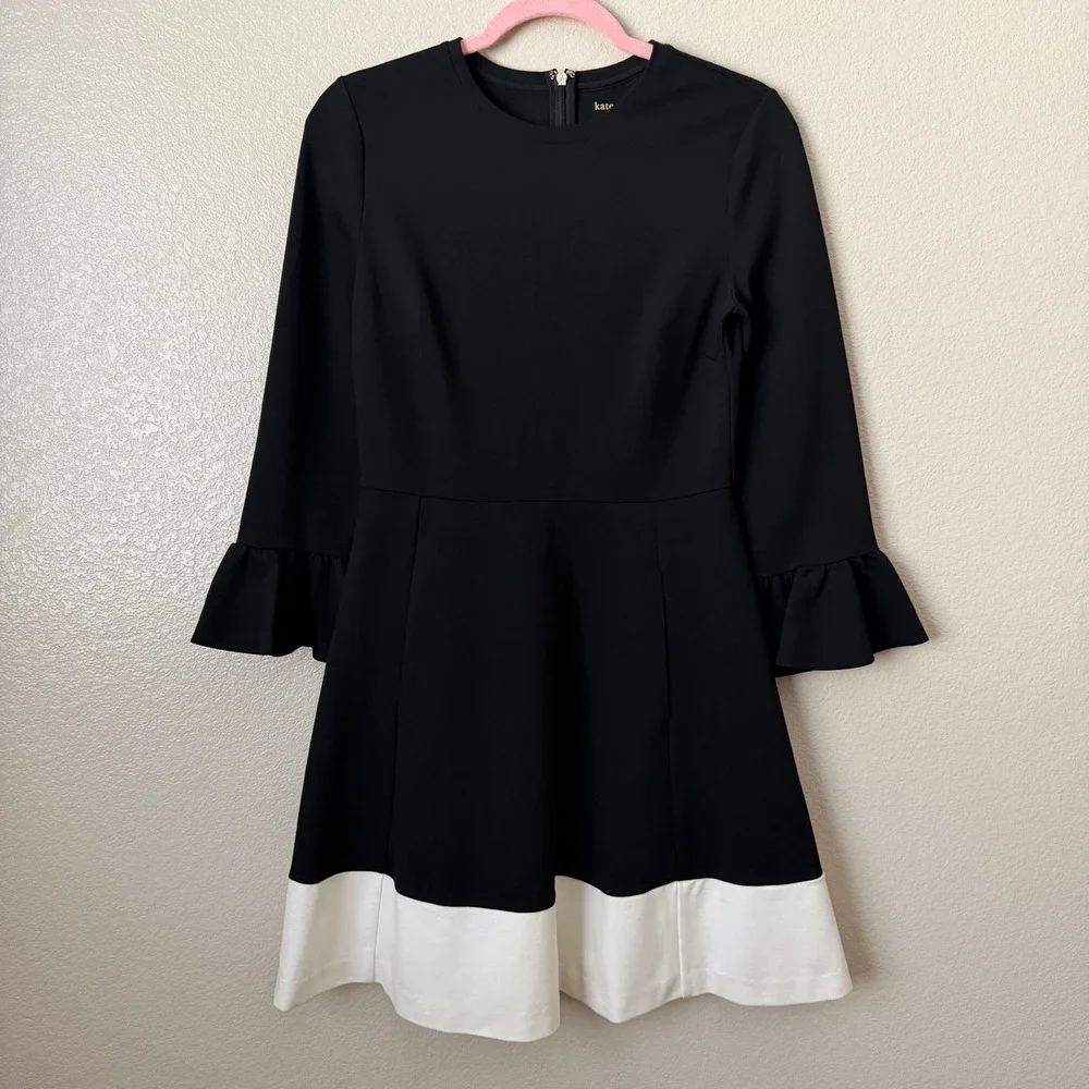 Kate Spade New York Dress Small Black White Colorblock Ruffle Sleeve Fit Flare